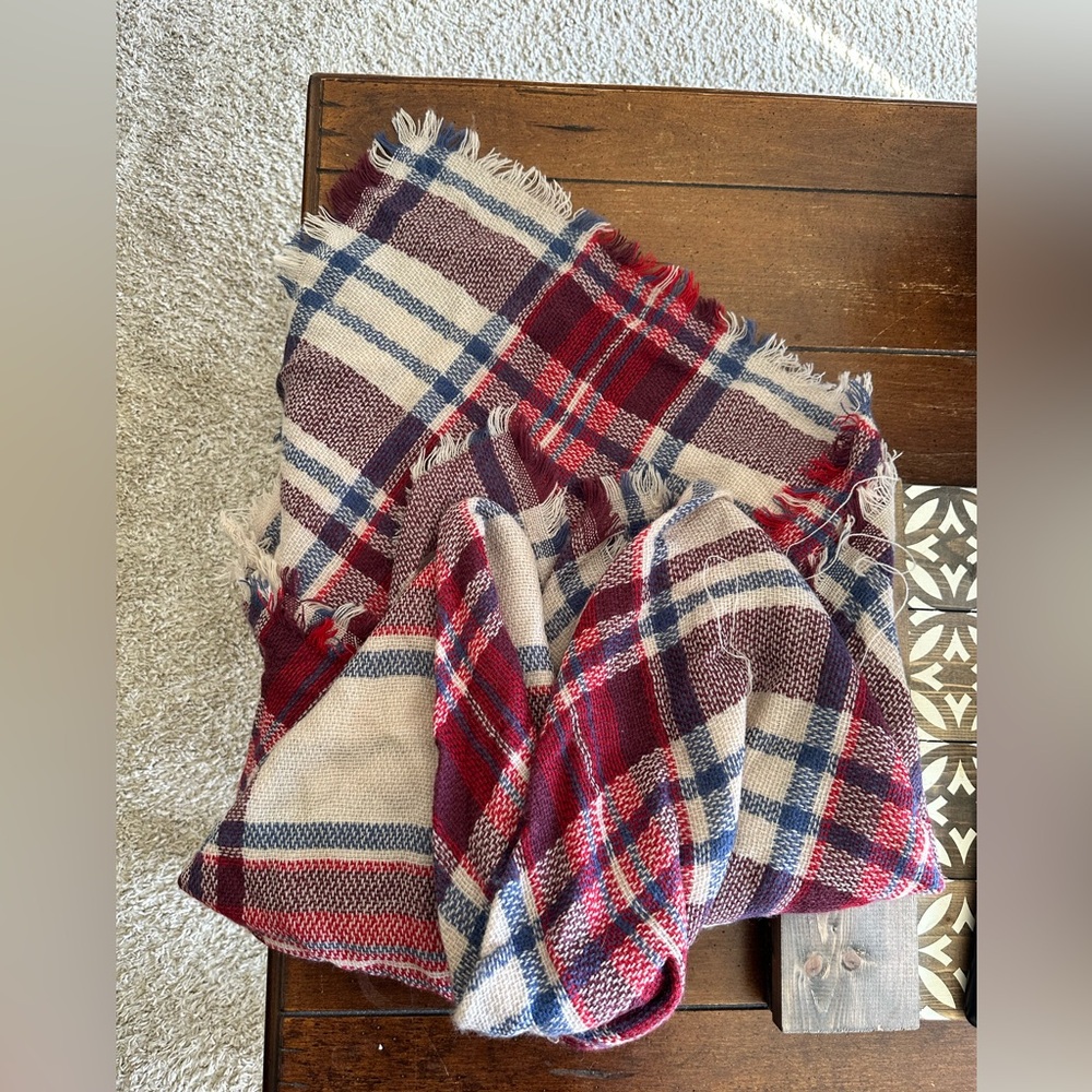 Plaid Fringe blanket Scarf in Red and Blue